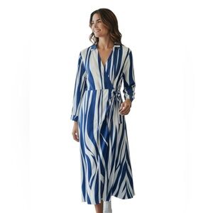 Long Sleeve Blue/White Dress, abstract, wrap, waist tie, size